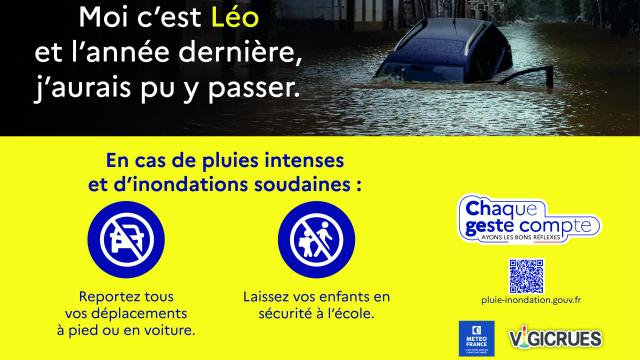 Affiche de la campagne de prévention des pluies intenses ou inondations soudaines.